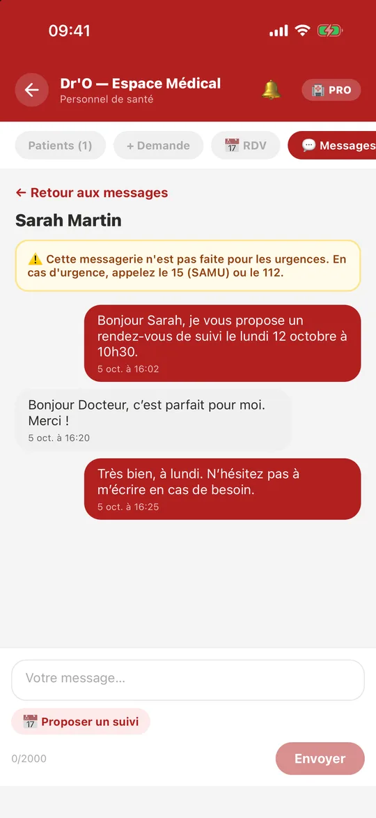 Messagerie entre un professionnel de santé et un patient